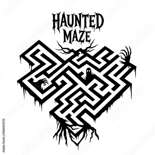 A spooky haunted maze graphic features eerie ghosts and gnarled branches, set against a white background for a halloween theme
