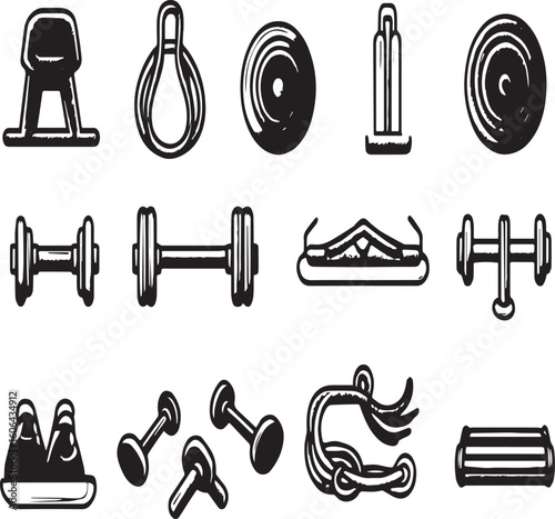 A collection of various gym equipment icons including weights dumbbells and other fitness gear symbols