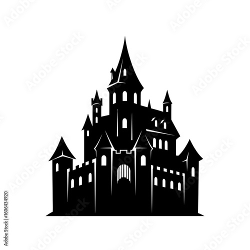 A detailed silhouette of a spooky, gothic castle with multiple towers and windows