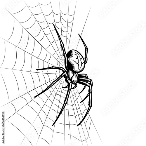 A detailed illustration of a spider perched on its intricate web, evoking a sense of halloween