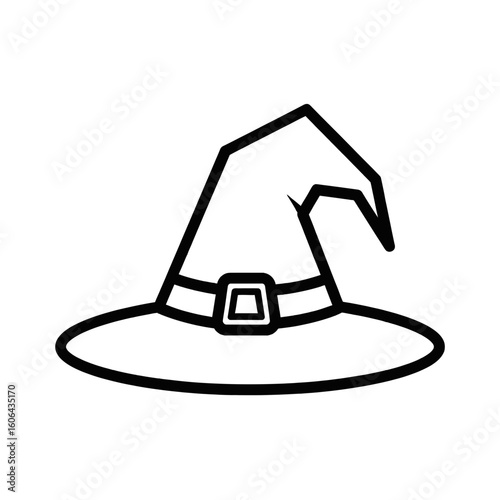 A simple black outline of a witchs hat with a buckle, a classic symbol of halloween and magic