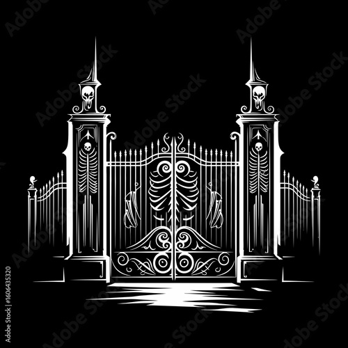 An intricately designed wrought iron gate with tall, pointed finials on stone pillars, illuminated against a stark black background