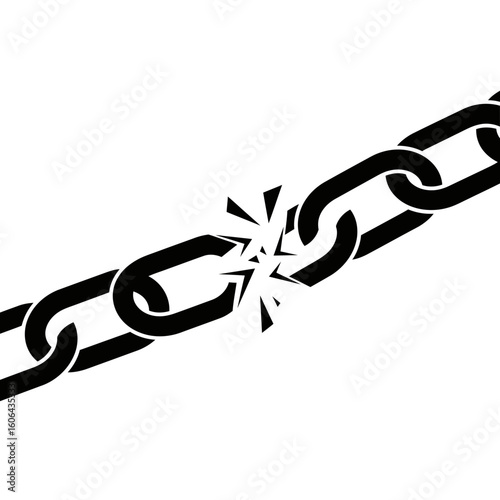 A strong metal chain with a broken link, symbolizing failure and separation, isolated on a white background