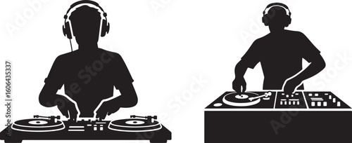 Silhouette of a dj with headphones playing music on turntables and vinyl records
