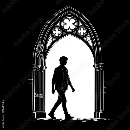 A silhouette of a man walking through a gothic archway into a bright light, symbolizing transition and hope