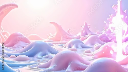 The composition captivates with dynamic forms that seem to breathe against an isolated pure abstract background, where floating pastel droplets ignited by plasma rays pulse thoughtfully,