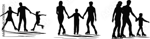 Families ice skating together on rink, holding hands, enjoying winter activity, bonding time, outdoor fun, recreation, balance, movement, healthy lifestyle, joy