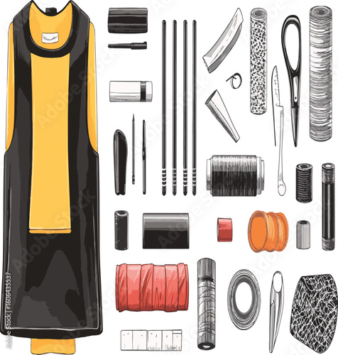 Illustration of a black and yellow dress with sewing supplies on a white background surface view