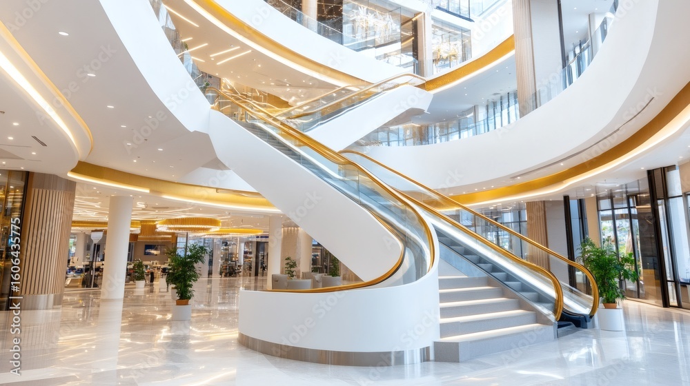 Fototapeta premium Modern and bright multi - story building with escalator