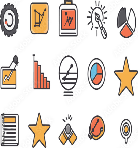 Collection of business and data analytics icons arranged on a white background for presentations