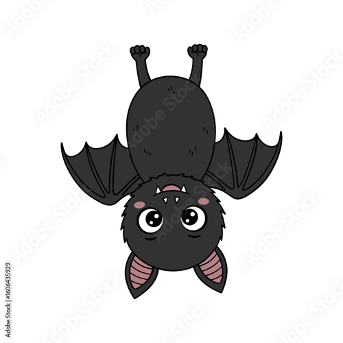 A cute cartoon bat hanging upside down, isolated on a white background