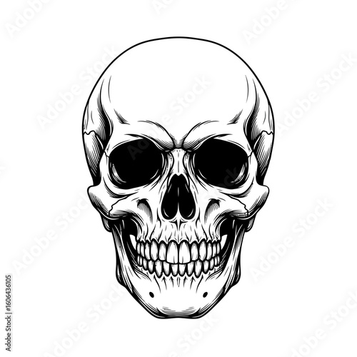 A detailed black and white illustration of a human skull with a menacing expression