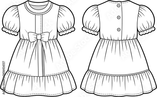 Baby girl puff sleeve dress flat sketch with bow front design, back buttons, gathered waist, ruffle hem, vector cad drawing