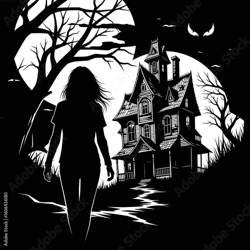 A silhouetted figure walks towards a spooky haunted house under a large full moon on a dark night