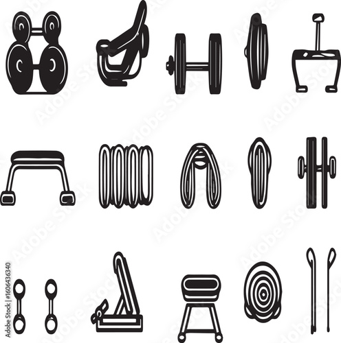 A collection of outlined fitness equipment icons arranged on a white background in a vector style