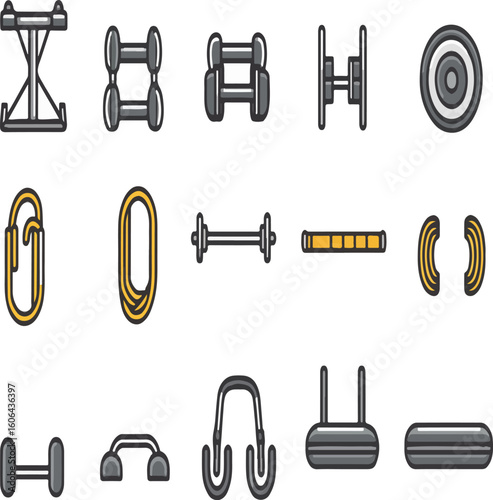 A collection of various gym equipment icons including dumbbells, bars, and other fitness accessories
