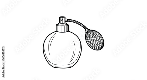 A circular glass perfume bottle with a curved spray tube and bulb