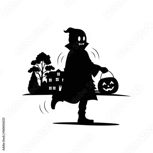 A silhouette of a child in a spooky costume holding a pumpkin bucket, walking past houses and trees on halloween night