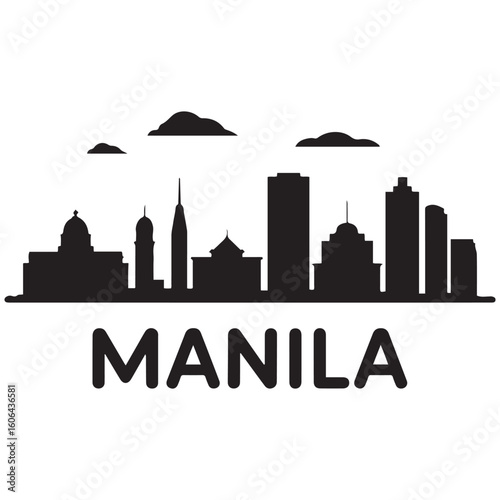 Vector Manila skyline. Travel Manila famous landmarks. Business and tourism concept for presentation, banner, web site. Vector black silhouette. with white background