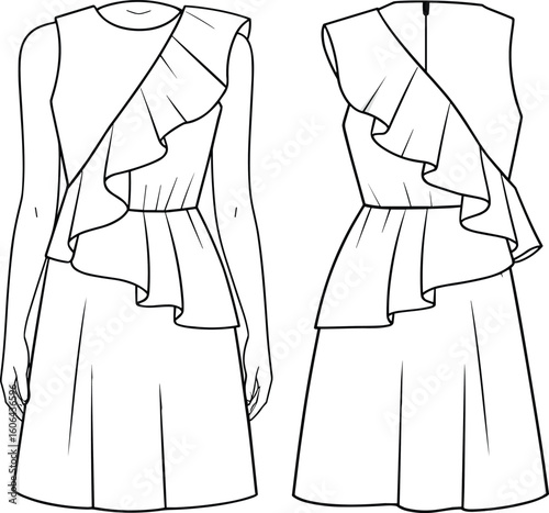 Asymmetrical ruffle sleeveless dress flat sketch with waist seam, front and back view, elegant feminine silhouette, technical fashion illustration