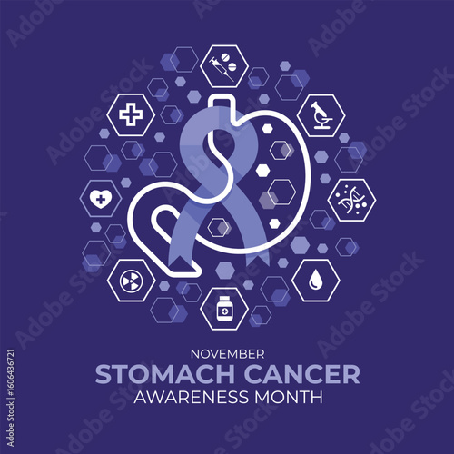 Stomach cancer awareness month - Periwinkle ribbon awareness cross white line Stomach symbol in frame with hexagon icons around on dark purple background vector design