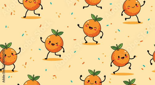 Joyful oranges dancing with confetti a cheerful pattern of cute citrus fruits