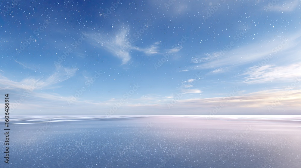 Fototapeta premium Serene Blue Sky Over Calm Ocean at Dusk with Gentle Cloud Formation and Sparkling Water Reflections