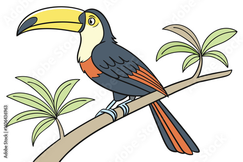 Colorful Cartoon Toucan Perched on a Branch Surrounded by Lush Greenery in a Delightful Illustration