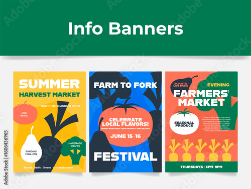 Bright farmers market poster templates that invite visitors to a summer harvest festival featuring farm-fresh treats, lectures, and live music.