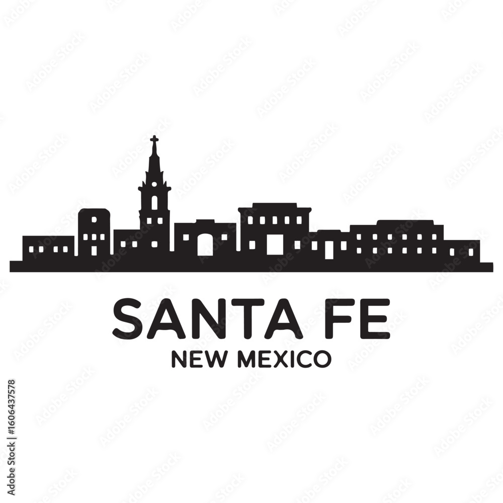 Obraz premium Santa Fe skyline horizontal banner. Santa Fe, New Mexico. Vector template for your design. Vector black silhouette. with white background