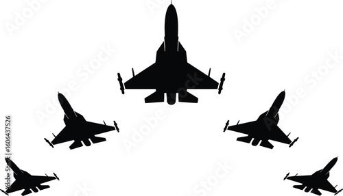 Military fighter jets flying in formation, aviation silhouette, air force aircraft, aerial display, fighter planes, defense technology, high speed flight, teamwork, aviation power, warplanes