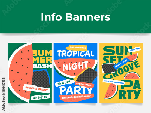 Poster templates for a vibrant tropical night party featuring live performances, delicious treats and a colorful summer atmosphere