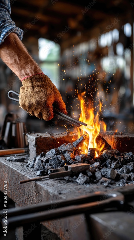 Fototapeta premium A blacksmith heating a piece of metal in a roaring forge until it glows red-hot