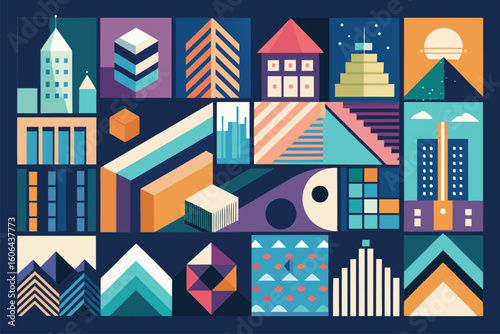 Exploration of modern geometric designs in an urban patterns collection showcasing vibrant shapes and colors
