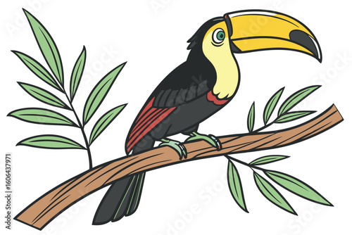 Charming Cartoon Toucan Perched on a Branch amidst Lush Greenery in a Vibrant Illustration