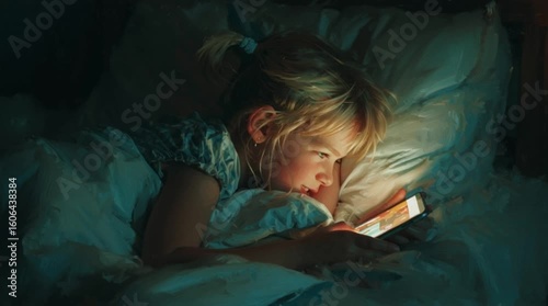 Focused child staring at smartphone screen, unprotected child online concept, girl scrolling social media texing on smartphone in bed in bedroom at night, technology , internet , communication