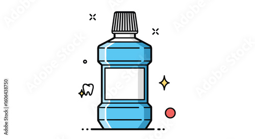 An illustration of a blue mouthwash bottle with a white label surrounded by dental hygiene elements and sparkles