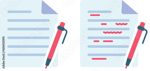 書類とペンで書類チェックするするイラスト