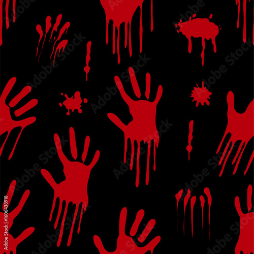 Seamless horror pattern with red bloody handprints and splatters on black. Perfect for Halloween, thriller themes, and horror party decor.