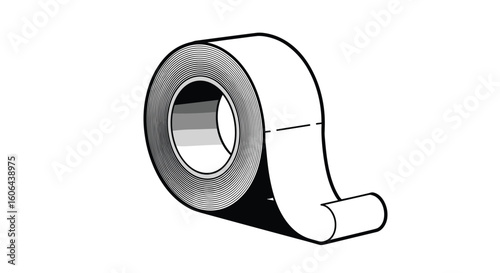 Illustration of a roll of white adhesive tape with a curved end ready for use for crafting or sealing purposes