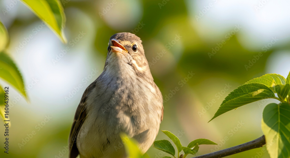 Fototapeta premium small bird perched on branch in spring sunlight