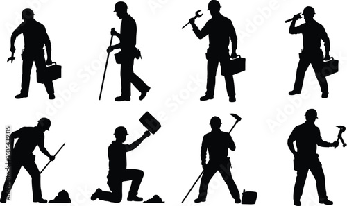 Silhouette of construction workers with helmets, holding tools and equipment, working on site, labor, safety, industry, building, manual work, teamwork, hard work