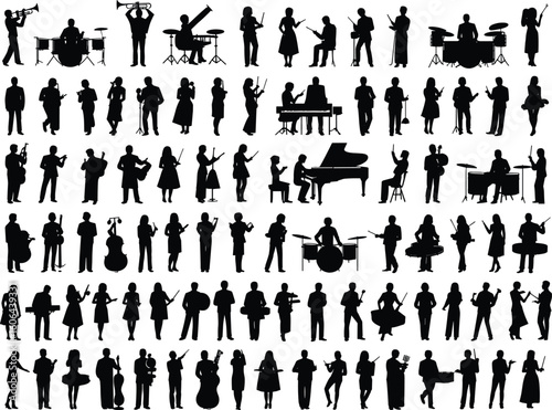 Collection of musician silhouettes playing instruments, jazz performers, orchestra figures, black vector icons, music band members