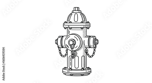 A classic illustration of an american style fire hydrant with a distinctive cap and multiple nozzles for emergency water supply
