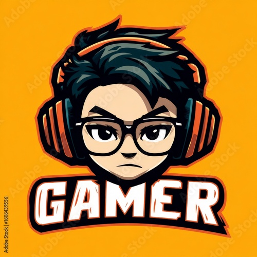 a gamer mascot logo - a young male gamer with a headset and glasses