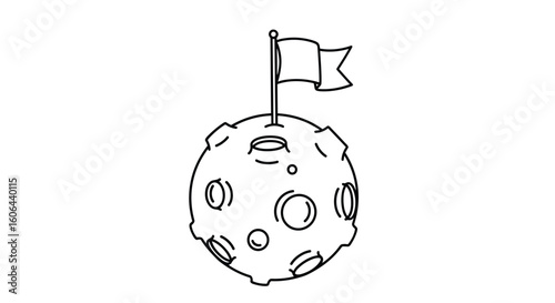 Illustrating celestial bodies with impact craters and a small flag on top representing discovery and exploration in space