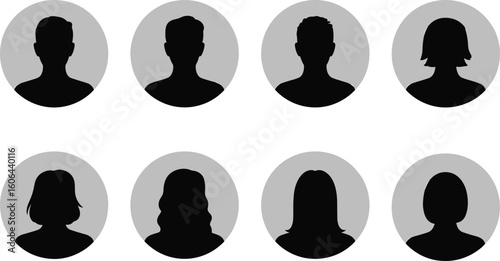 User profile avatar icon set, male and female silhouette, headshot placeholder, round frame, vector illustration for web and apps