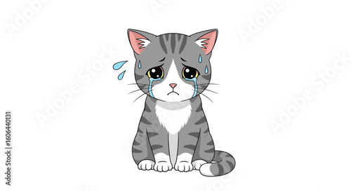 This adorable pixel art tabby kitten looks very sad crying tears of distress and anxiety with sweating beads of worry