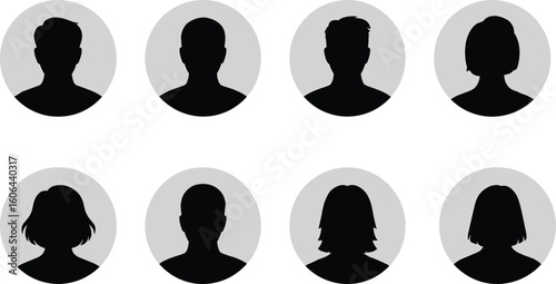 Silhouette avatar icon set, male and female profiles, round frame user icons, default headshots, blank photo placeholder, vector design