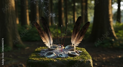 A spiritual altar in a forest setting featuring feathers, incense sticks emitting smoke, and shells arranged on a moss-covered stone.